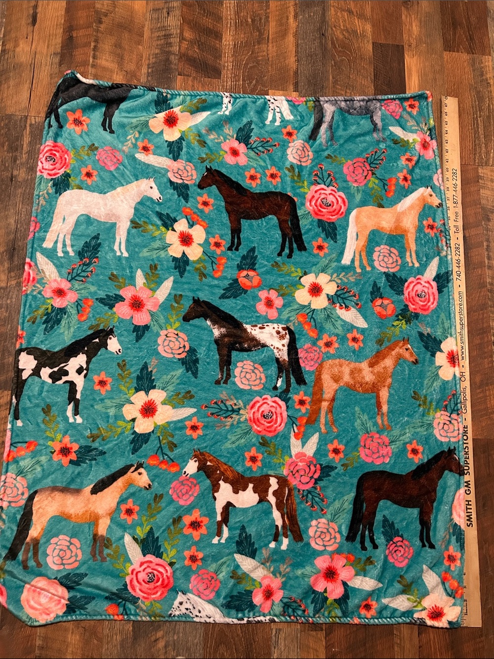 Floral Horse Plush Throw Blanket - Teal